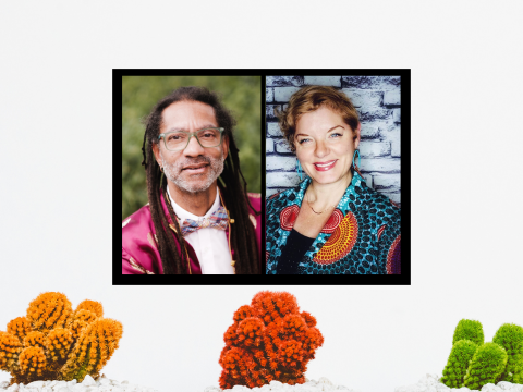 Two people's portraits on a gray background with bright orange, pink, and green cactus.