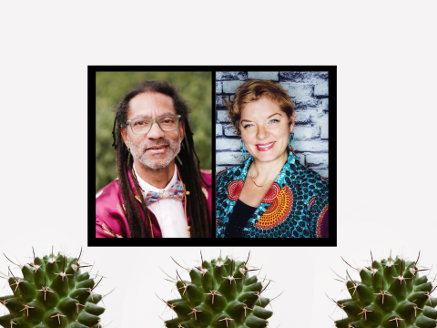 Portraits of two people on a gray background, with three thorny cacti in the forefront