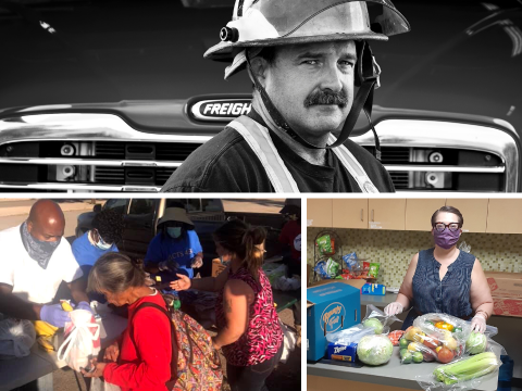 Collage of COVID Week 22 grantees - a firefighter, people handing out food, and someone preparing food