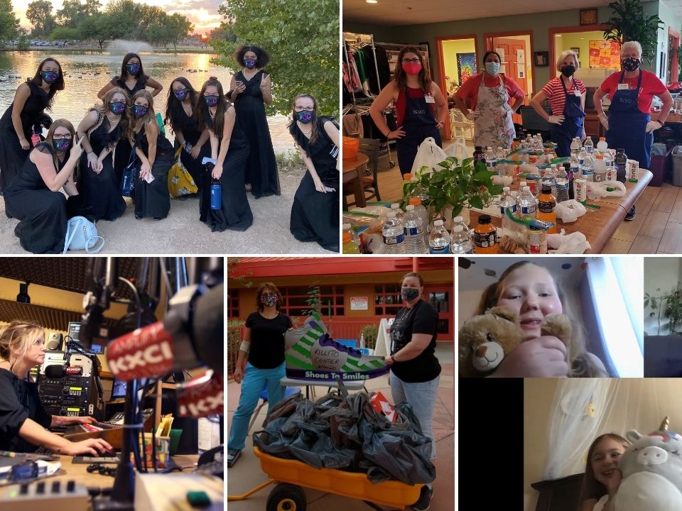 Collage of CORE 2020 Recipeints - girls dressed in black gowns, childen on a Zoom call, workers delivering shoes, radio station studio room.