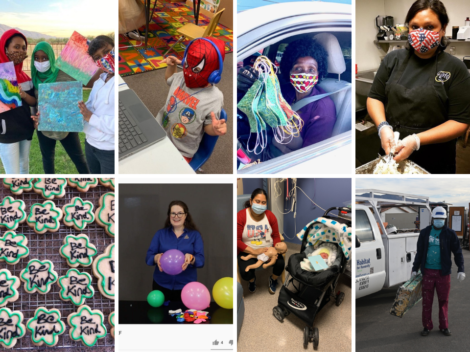 Collage of refugees, children, and essential workers during the pandemic