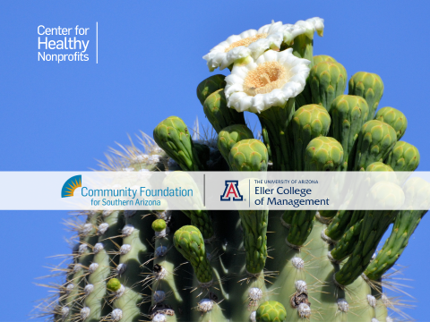 Large saguaro with cactus blooms over a blue sky background. Logos for CFSA, Eller, and CFHN overlay.