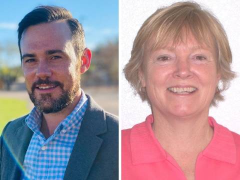 Photo of Kyle Lininger wearing a blue suit with a blue and white checkered shirt. Photo of Anne Levy wearing a bright pink shirt.