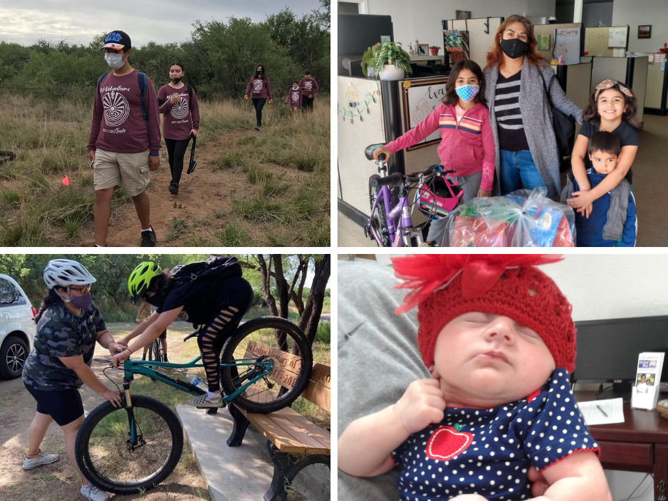 Collage of youth walking in desert; mother and children receiving donations; child on bike with adult helping; and a baby with a red beanie hat on.