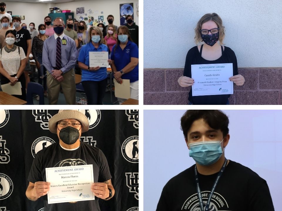 Collage of award recipients in the following order: Janet, Camila, Marcos, and Ben.