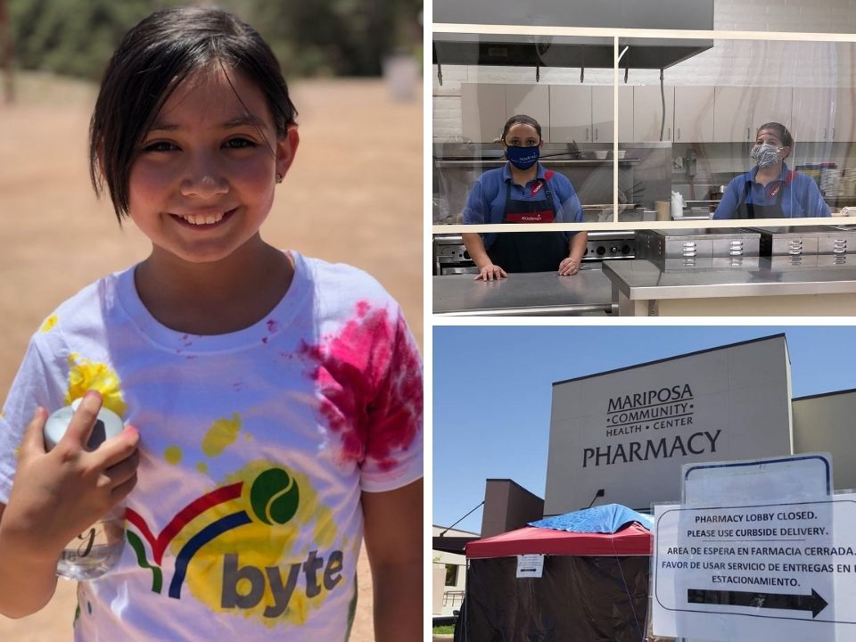Grantee photos of a girl with a tennis ball; two cafeteria workers in masks; Mariposa exterior building.