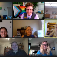 Eight LQBTQ+ Alliance Fund grantees smiling during a Zoom meeting