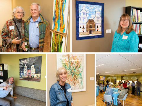 Collage of local artists standing next to their displayed art.