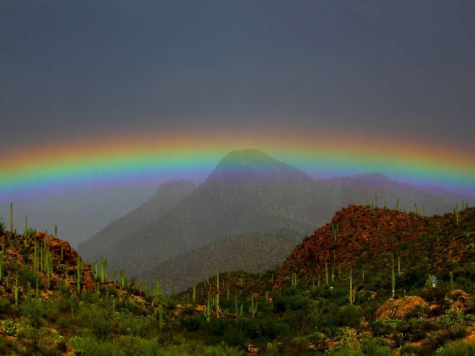 Overview of the rainy desert with a rainbow in the sky