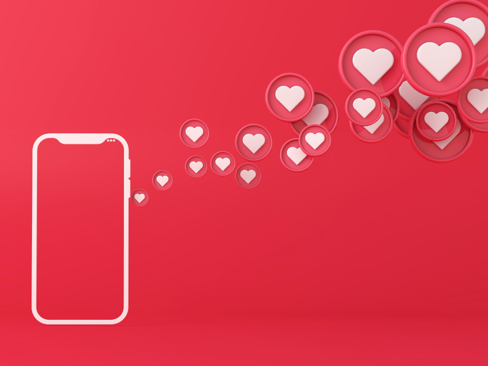 Outline of a cellphone with hearts notifications coming out of it