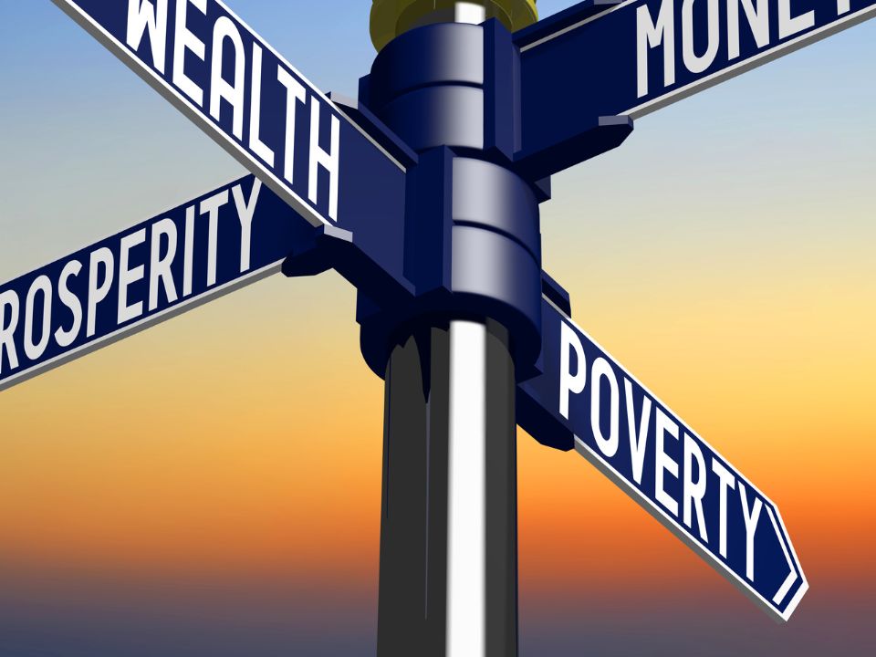 street signs pointing different direction one say poverty another say wealth.