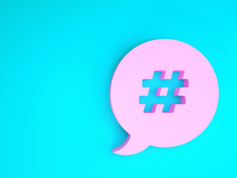 A pink hashtag symbol with a blue background.