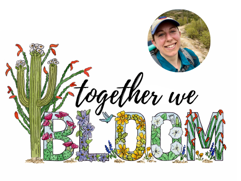 A picture of a women smiling and the background saying together we bloom