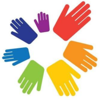 Blue font says, "God's Work Our Hands," with a circle of hands in various colors.